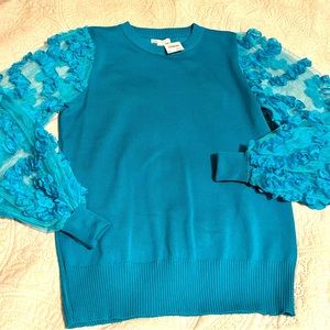 Lightweight teal spring sweater with sheer decorative sleeves, New-never worn
